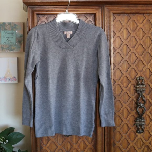 White Stag Crossover Ribbed V-Neck Sweater - Grey Heather #WL40324 - Picture 2 of 16